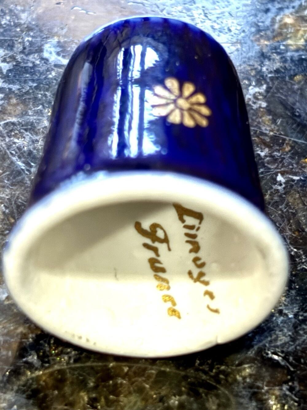 Limoges France Vintage Original Blue Porcelain Thimble w/ Gold Flowers